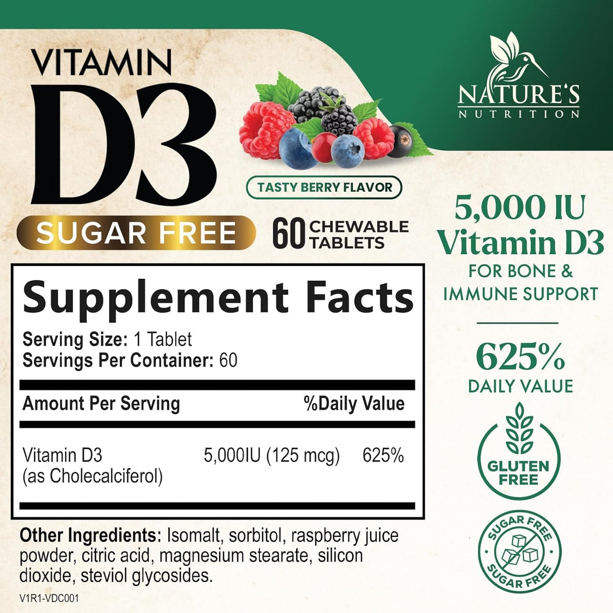 Suplemento de Vitamina D3 5000 IU, Nature's, 60 Tabletas Chewable