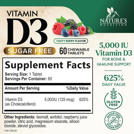 Suplemento de Vitamina D3 5000 IU, Nature's, 60 Tabletas Chewable