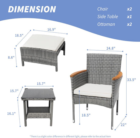 Juego de 5 muebles de patio al aire libre con mesa y otomana de ratán de polietileno para exteriores, juego de 2 sillas de jardín para exteriores, juegos de conversación para porche, balcón, piscina y terraza