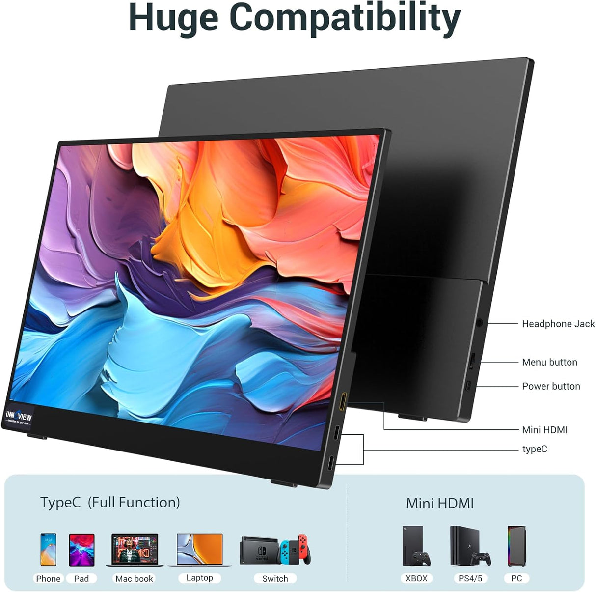 Monitor portátil InnoView 15.6 FHD, HDMI, USB-C, con altavoces