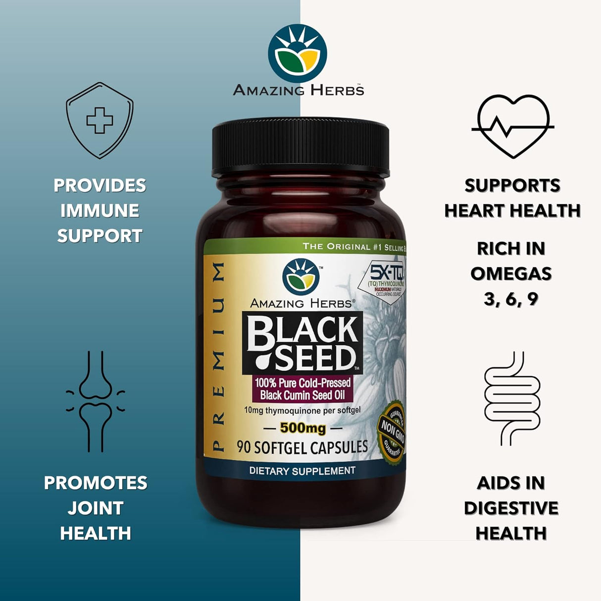 Cápsulas de Aceite de Semilla Negra Amazing Herbs 500mg 90 ct