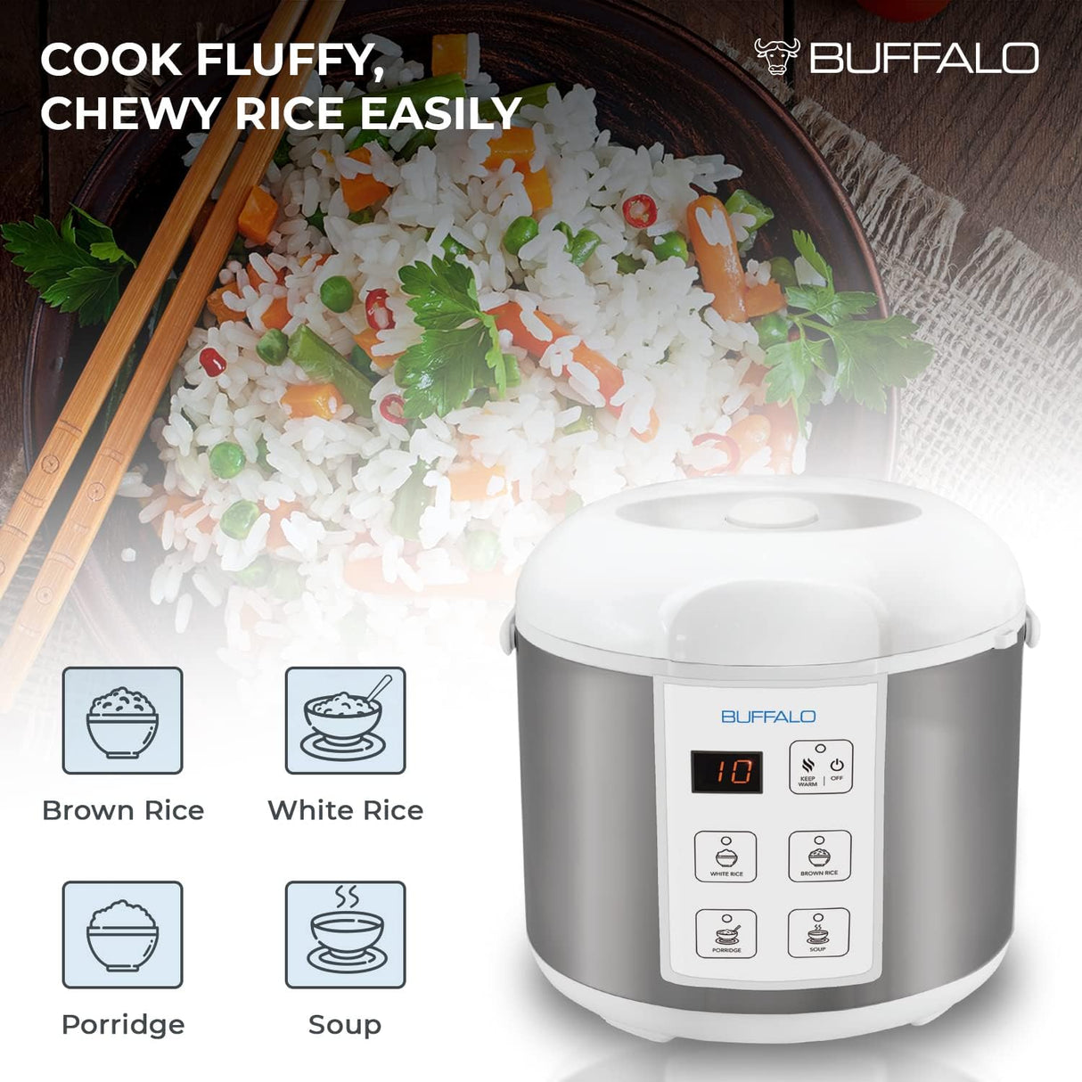 Olla arrocera Buffalo, acero inoxidable, 10 tazas, eléctrica
