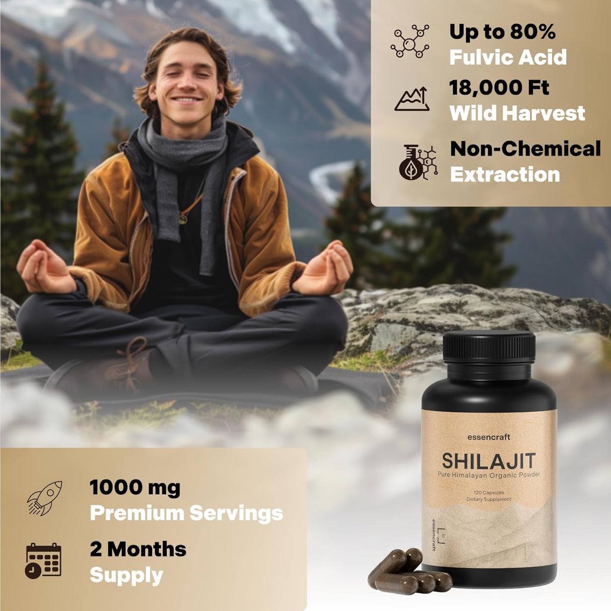 Shilajit Orgánico Puro 1000mg - 120 Cápsulas, Apoyo Inmuno