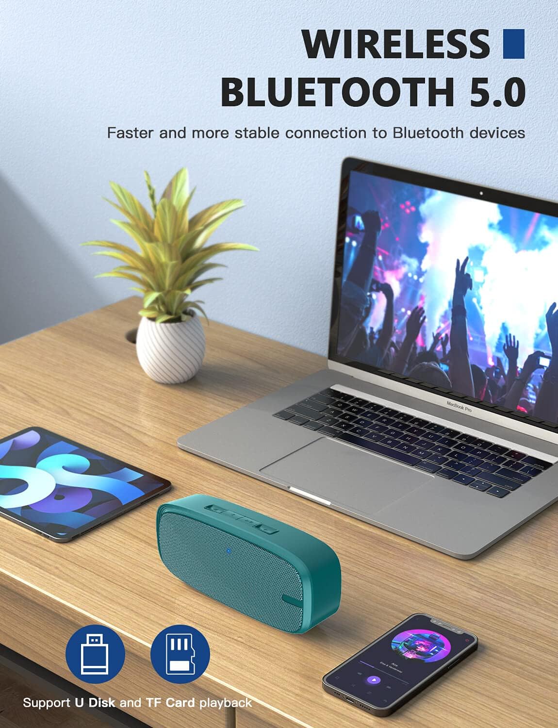 Altavoz Bluetooth LENRUE, Sonido Estéreo, 12H Reproducción, Verde