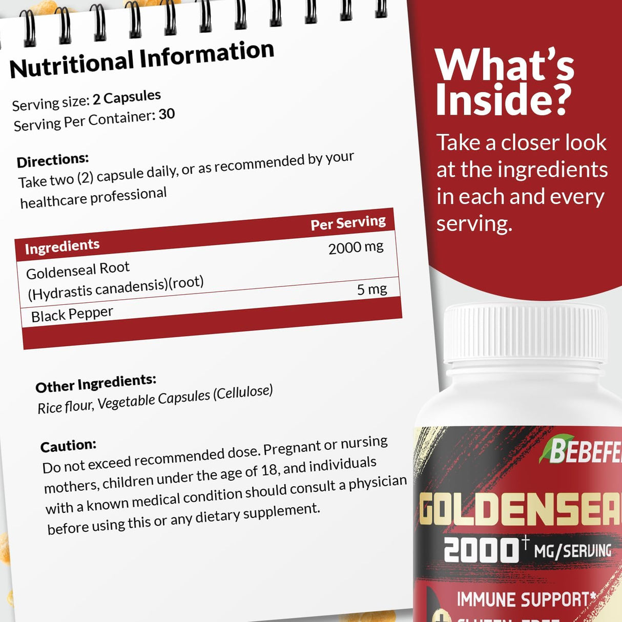 Suplemento de raíz Goldenseal de 2000 mg de hierbas vegano