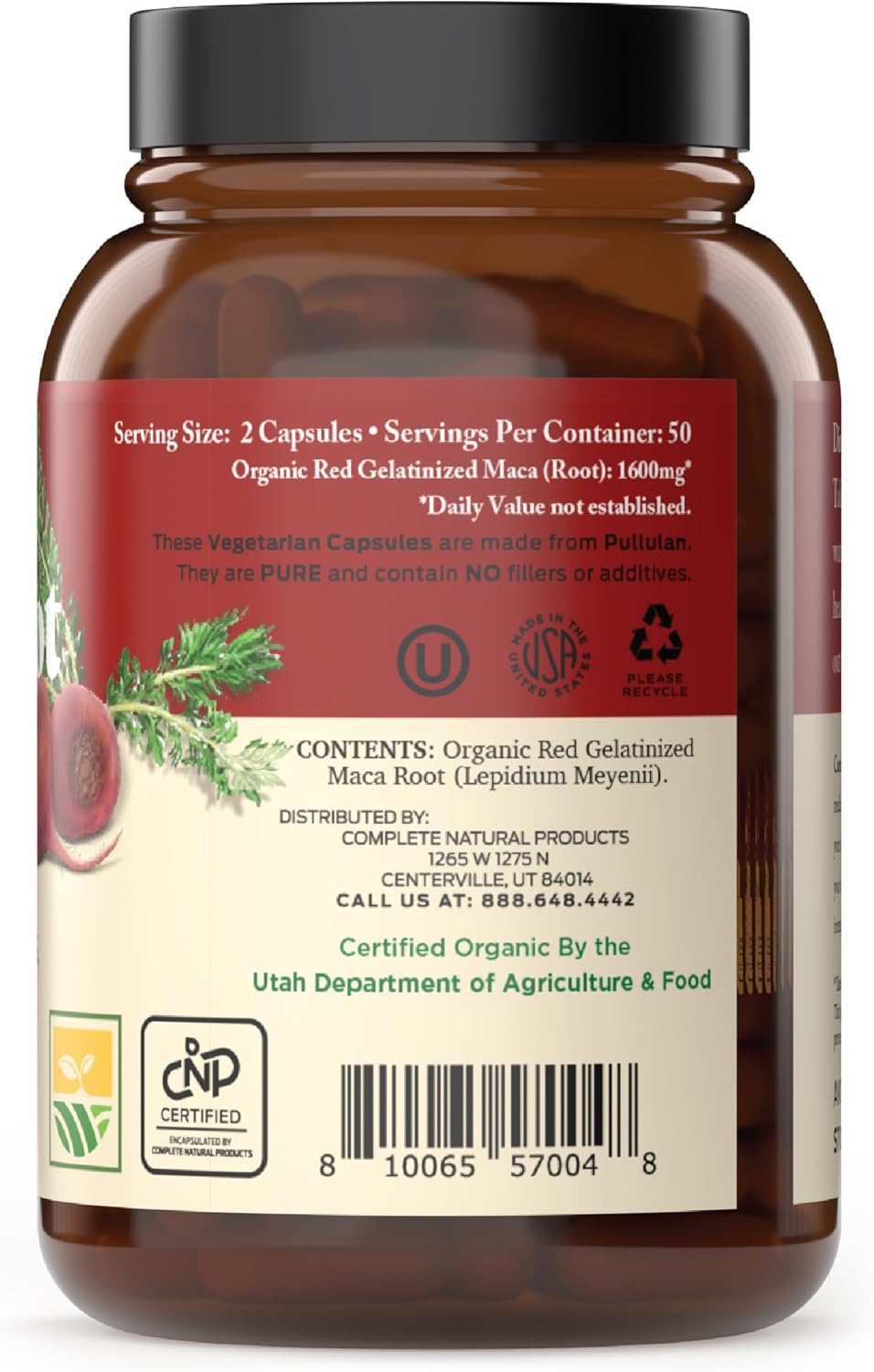 Capsulas de Maca Roja Orgánica - 800mg, 100 cápsulas, pura en polvo
