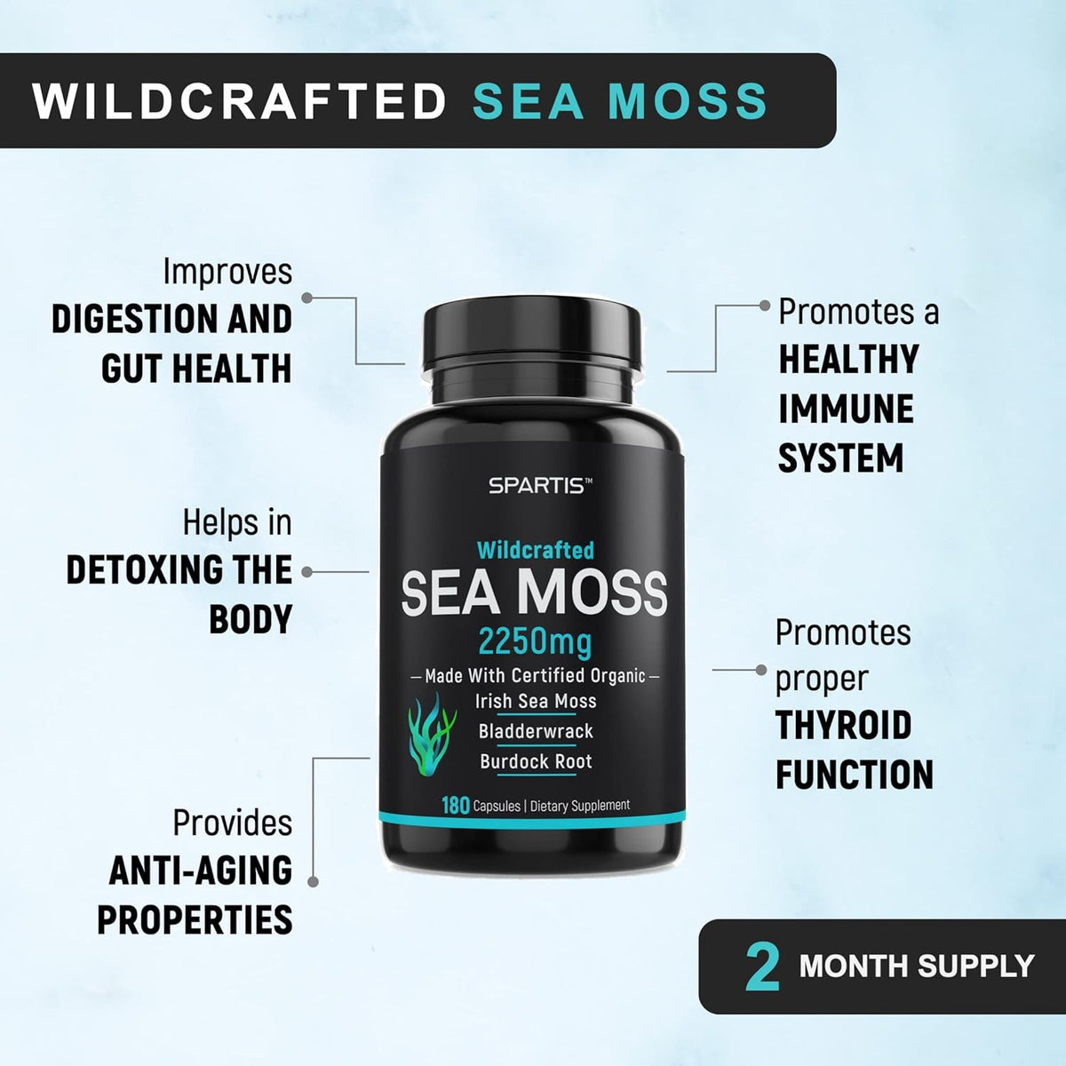 Cápsulas Orgánicas de Sea Moss 2250mg Irish Burdock 180