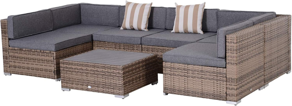 Outsunny Juego de muebles de patio de 7 piezas, juego de conversación de mimbre para exteriores, juego de sofá modular de ratán PE para todo tipo de clima, con cojines y mesa de madera sintética, almohadas a rayas, gris