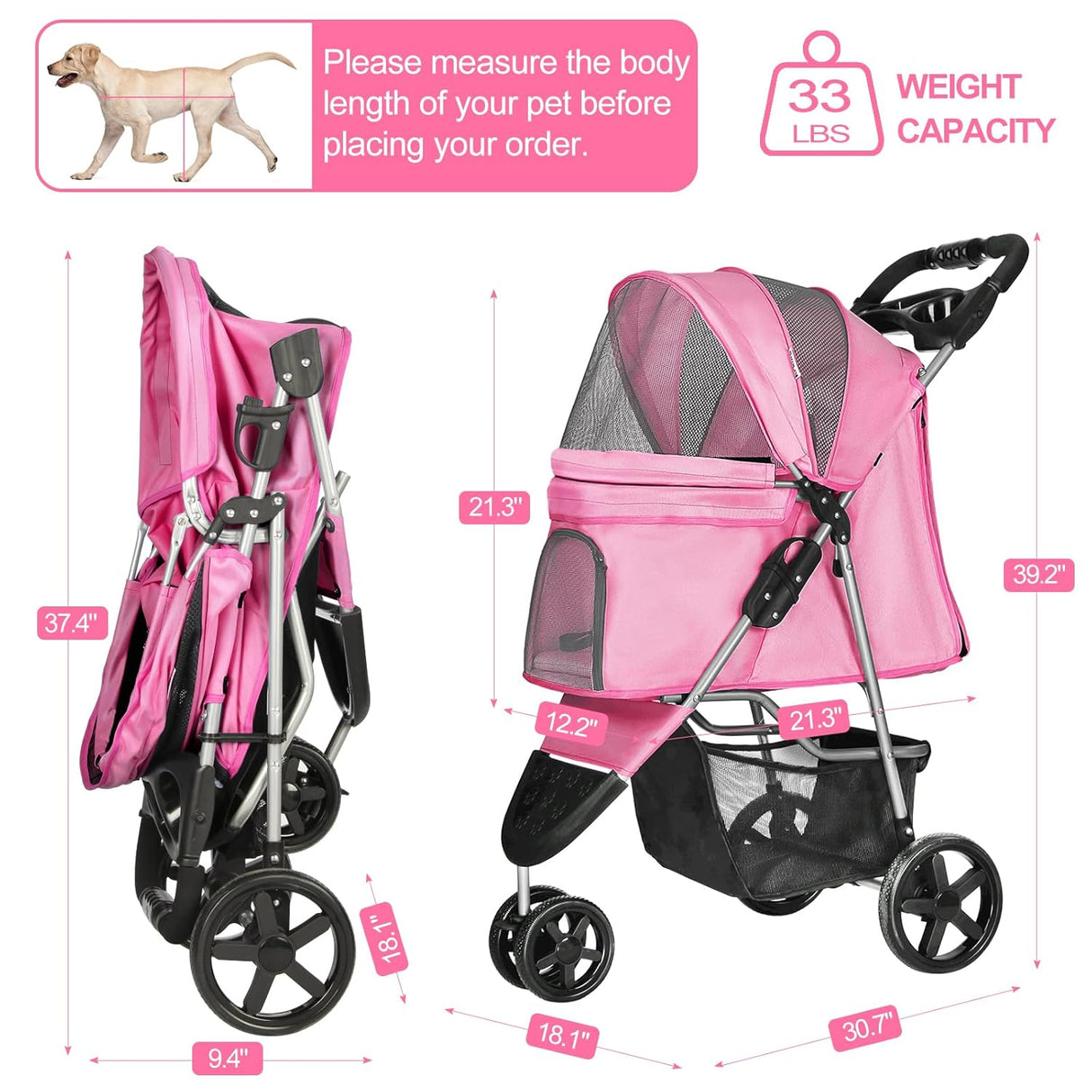 Carriola para Perros Pequeños, Plegable, 3 Ruedas, Ligera