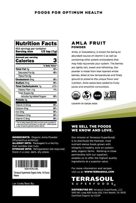 Amla en Polvo Orgánico Terrasoul Superfoods, 4 lbs, Vitamina C
