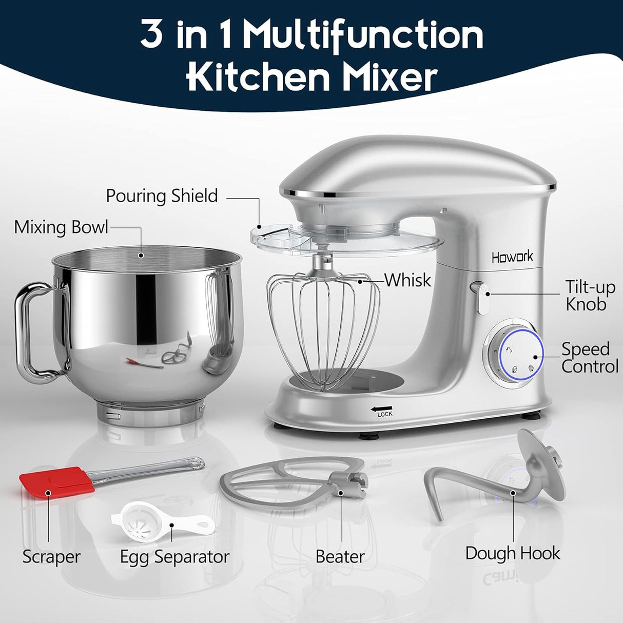 Mezcladora de Cocina HOWORK 8.5QT 660W 6+P Velocidades