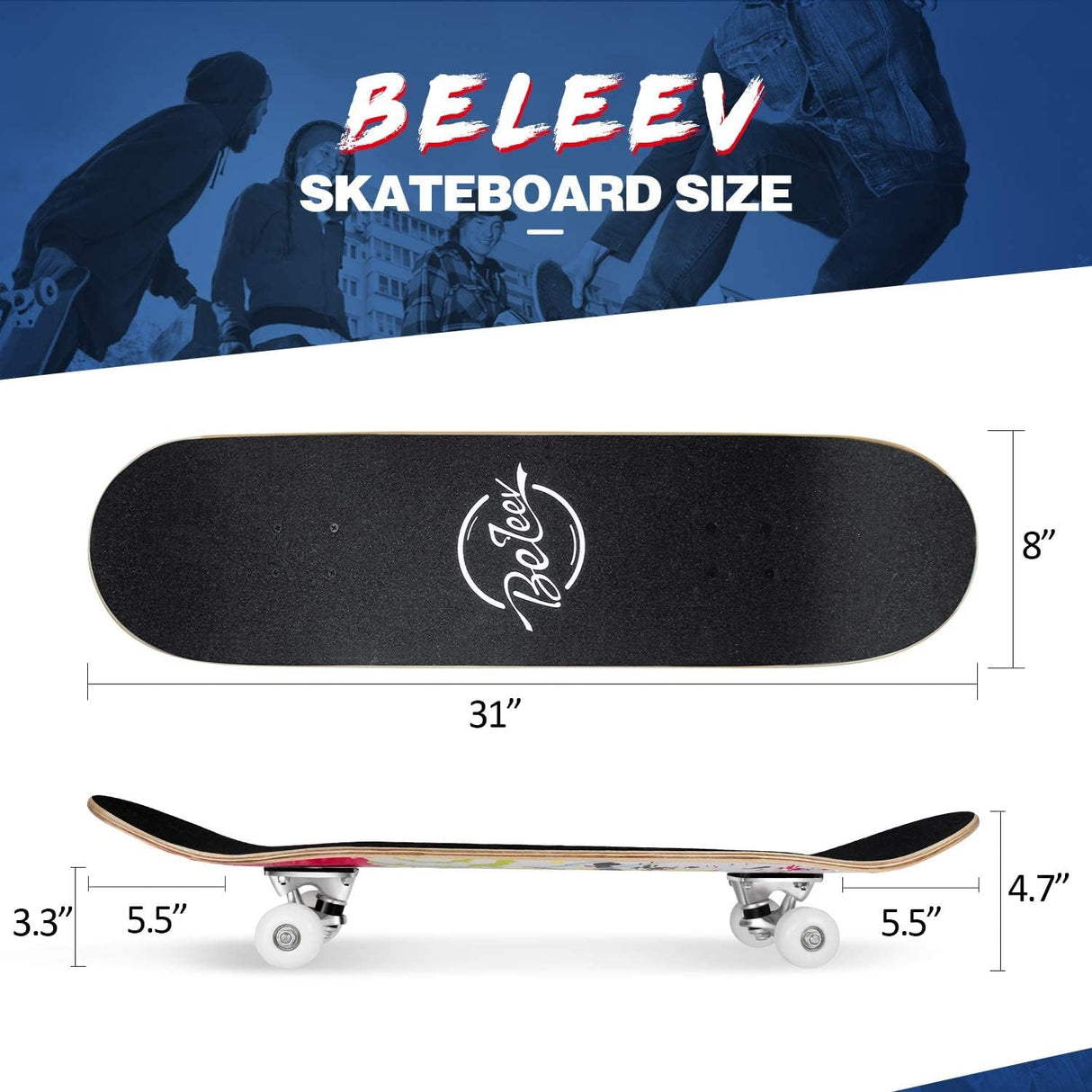 Patineta completa para principiantes, 31"x8", 7 capas, doble patada