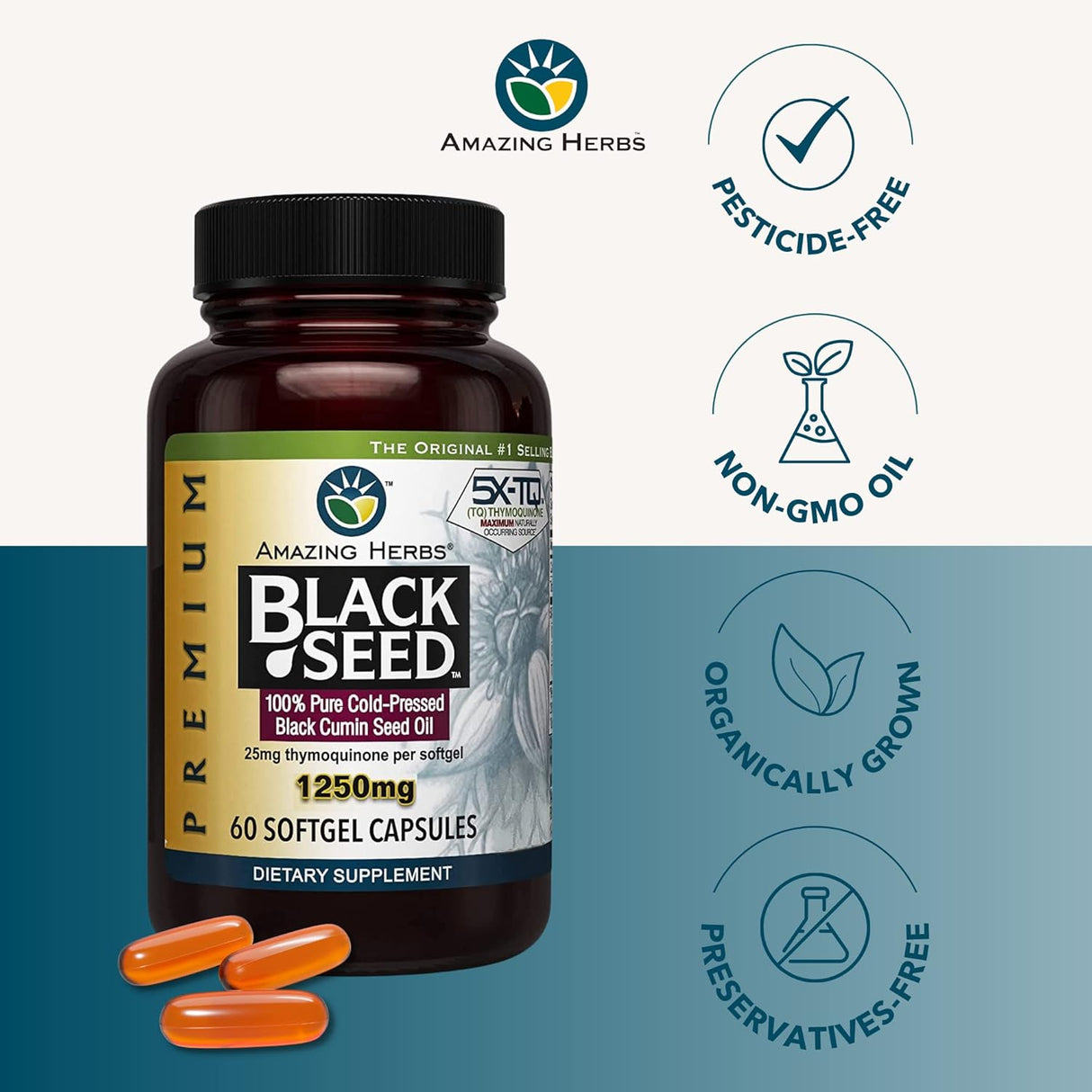 Cápsulas de Aceite de Semilla Negra Amazing Herbs 1250mg 60ct