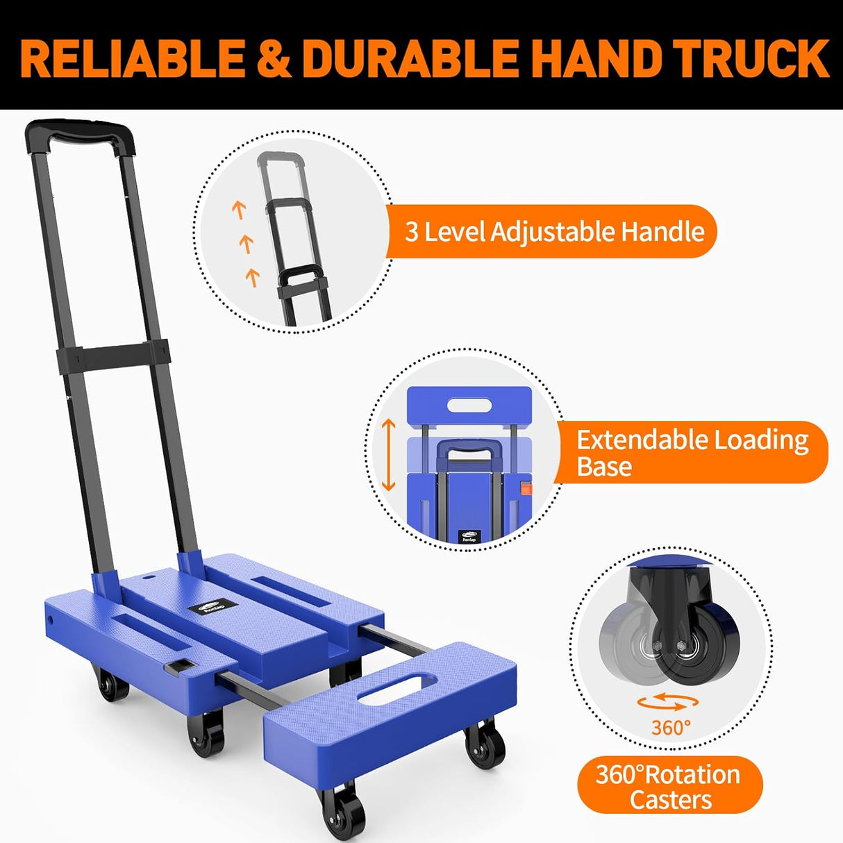 Carro Plegable Ronlap, Carga 500lbs, 6 Ruedas, 2 Cuerdas