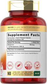 Suplemento de Vitamina K2 Carlyle 100 mcg, 240 cápsulas