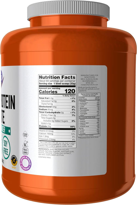 Suplemento de Proteína de Suero, NOW Foods, 25g BCAAs, Cacao, 5 lb