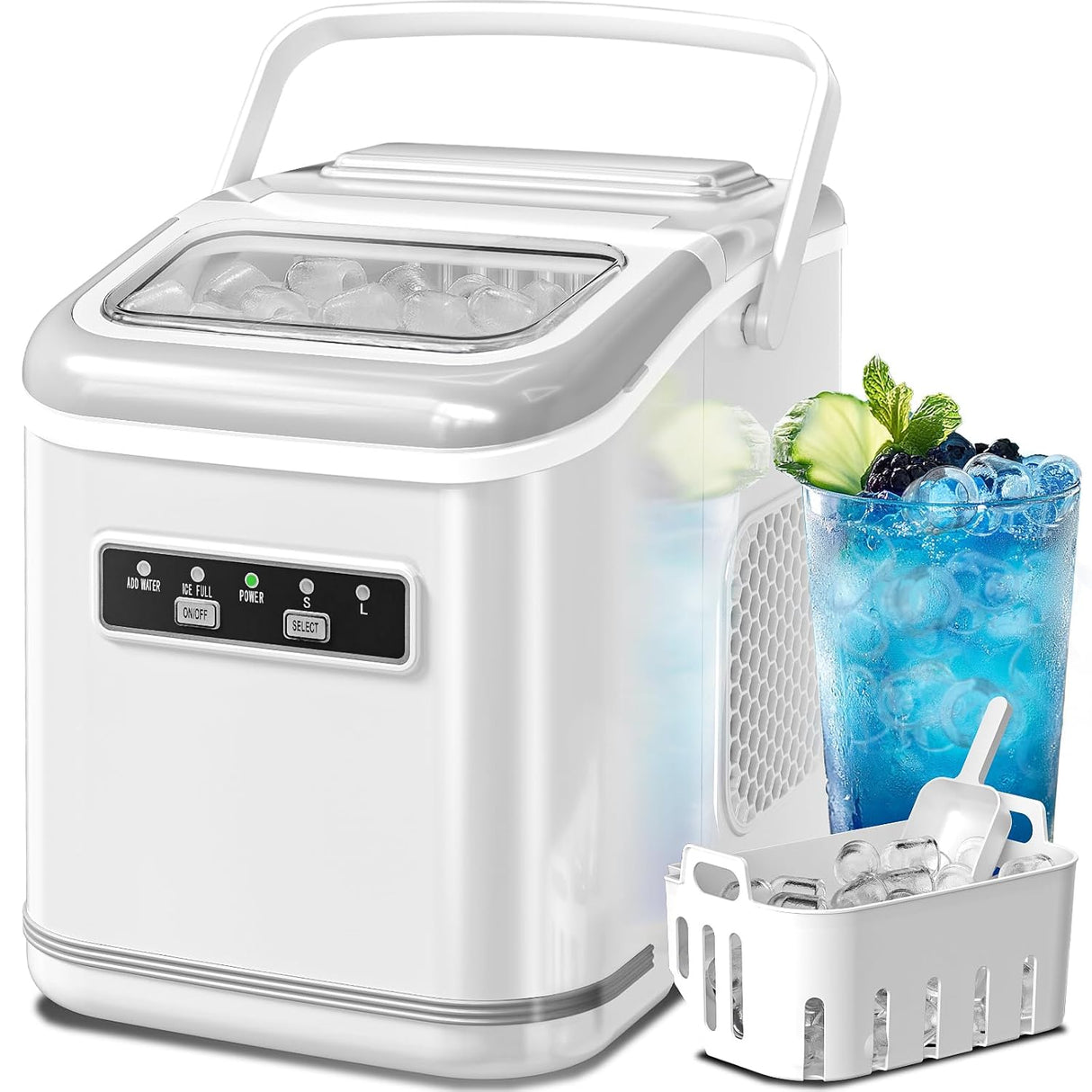 Máquina de Hielo Portátil Compacta, 9 Cubos en 6 Min, 26lbs/24Hrs