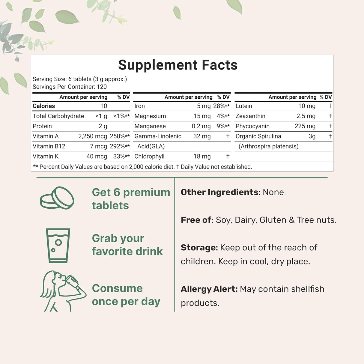 Suplemento orgánico de espirulina, 3000 mg por porción  720u