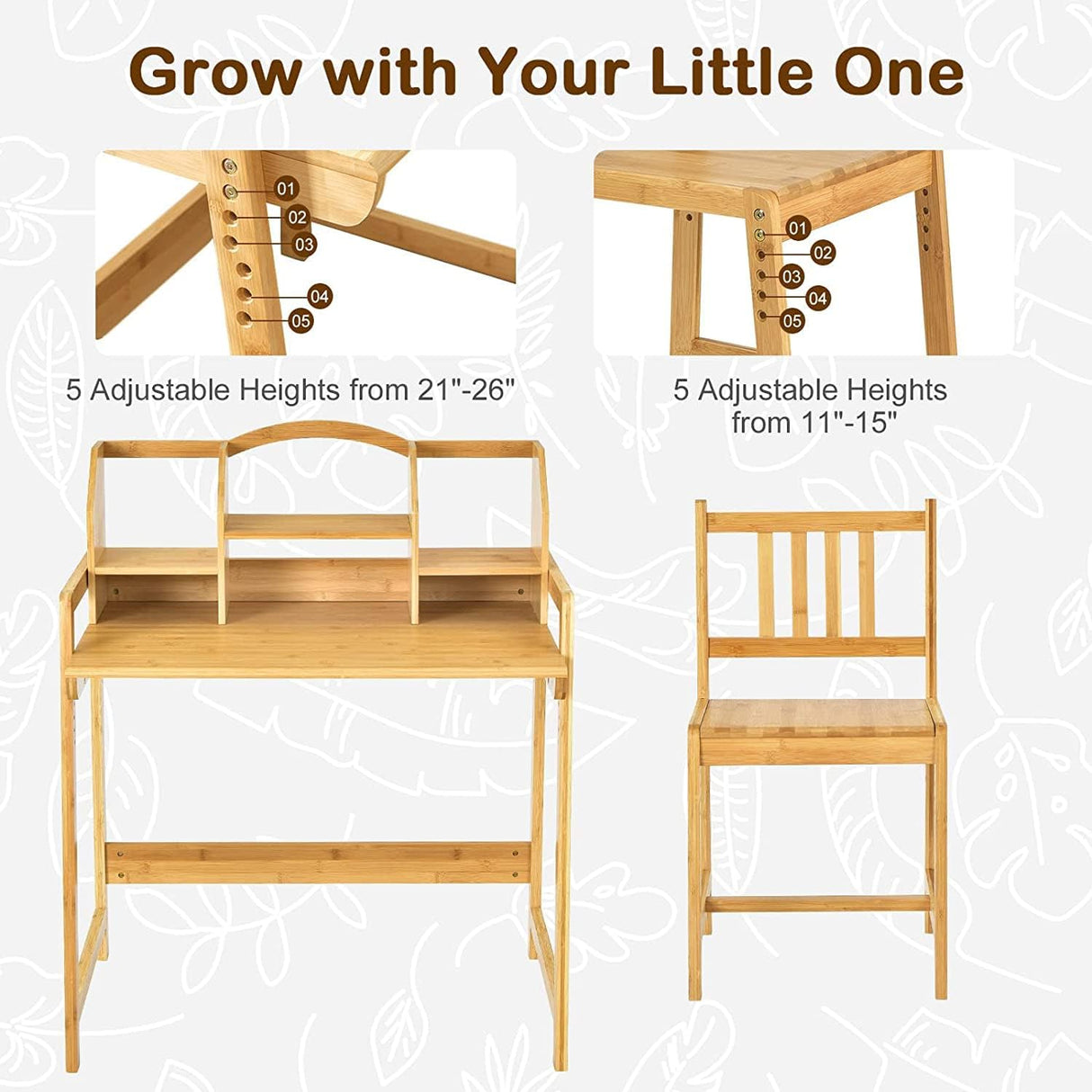 Juego de escritorio y silla para niños de altura de bambú