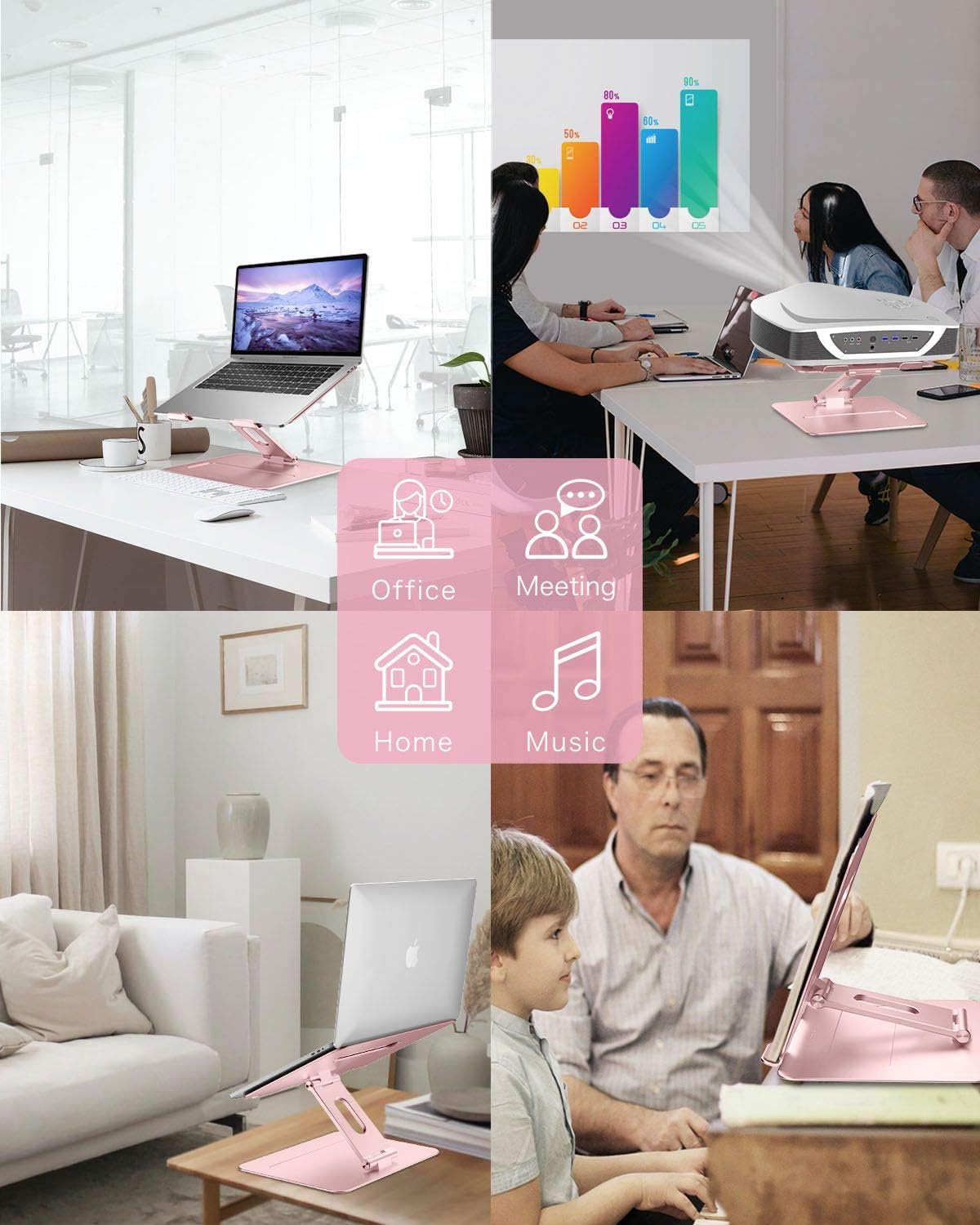 Brocoon - Soporte ajustable para laptop MacBook para escritorio, soporte ergonómico de aluminio para computadora con ventilación térmica, elevador para portátil compatible con portátiles de 10 a 17 pulgadas, oro rosa (rosa)