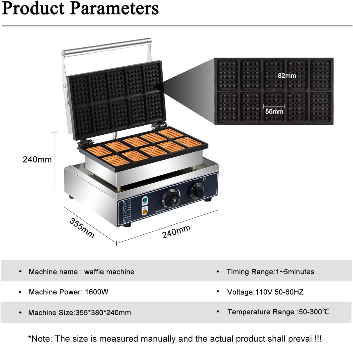 Máquina de Waffles 110V, 1600W, 10 Rejillas, Acero Inoxidable