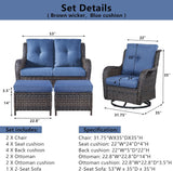 Belord Juego de muebles de patio al aire libre de 5 piezas, muebles de mimbre para conversación, sillas mecedoras giratorias para exteriores con sofá biplaza y 2 otomanas para espacios pequeños, cojín azul