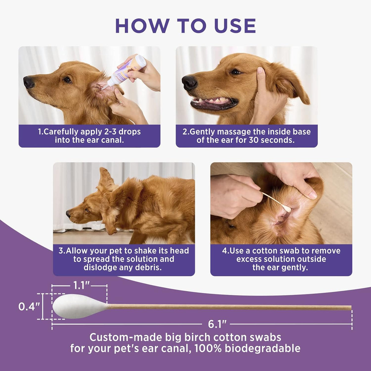 Limpiador de Oídos para Perros HICC PET, 4 fl oz, 30 hisopos