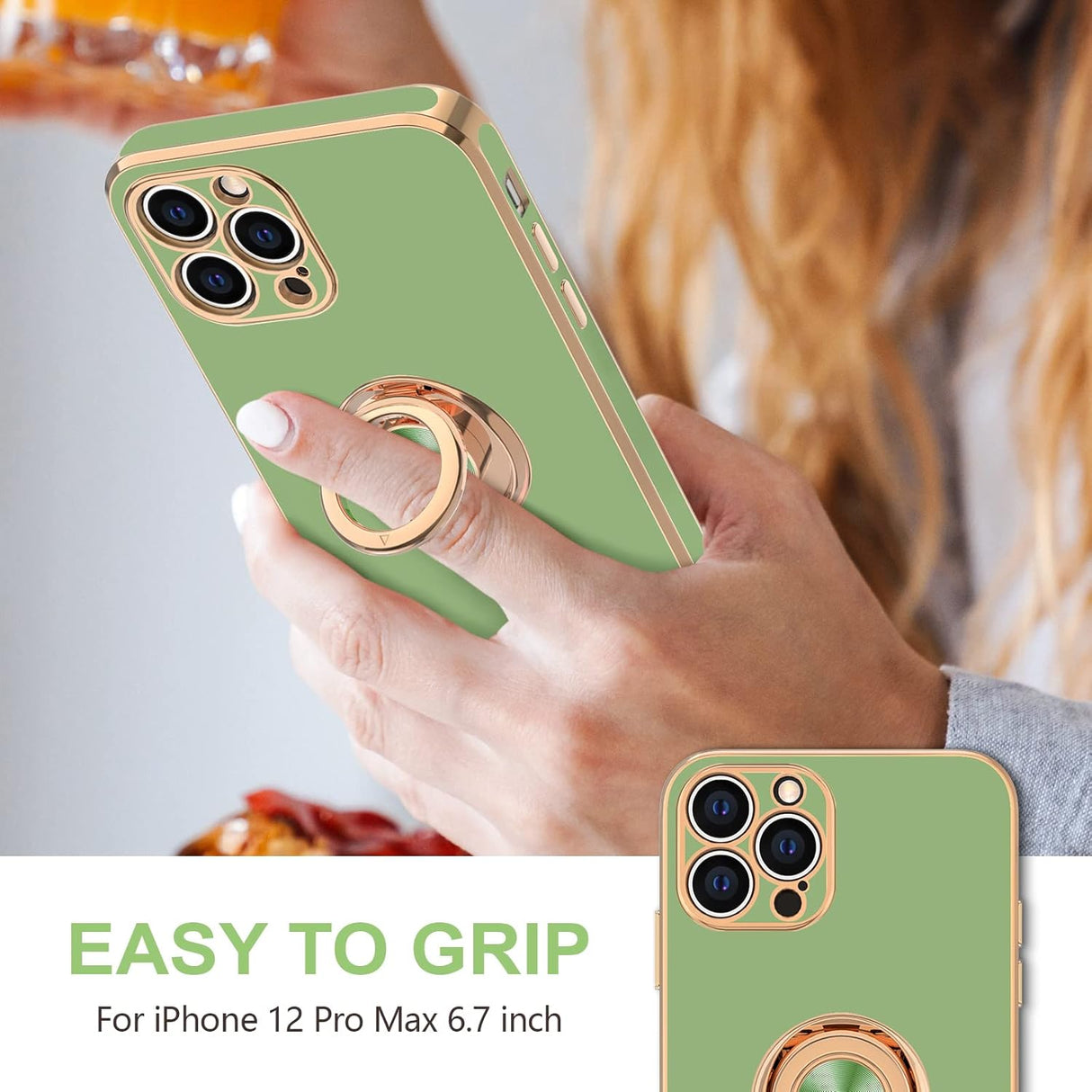 Hython Funda para iPhone 12 Pro Max con soporte de anillo [soporte de anillo giratorio de 360°] [forro de microfibra suave] Carcasa protectora de teléfono con borde de oro rosa, verde claro