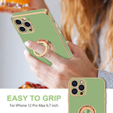 Hython Funda para iPhone 12 Pro Max con soporte de anillo [soporte de anillo giratorio de 360°] [forro de microfibra suave] Carcasa protectora de teléfono con borde de oro rosa, verde claro