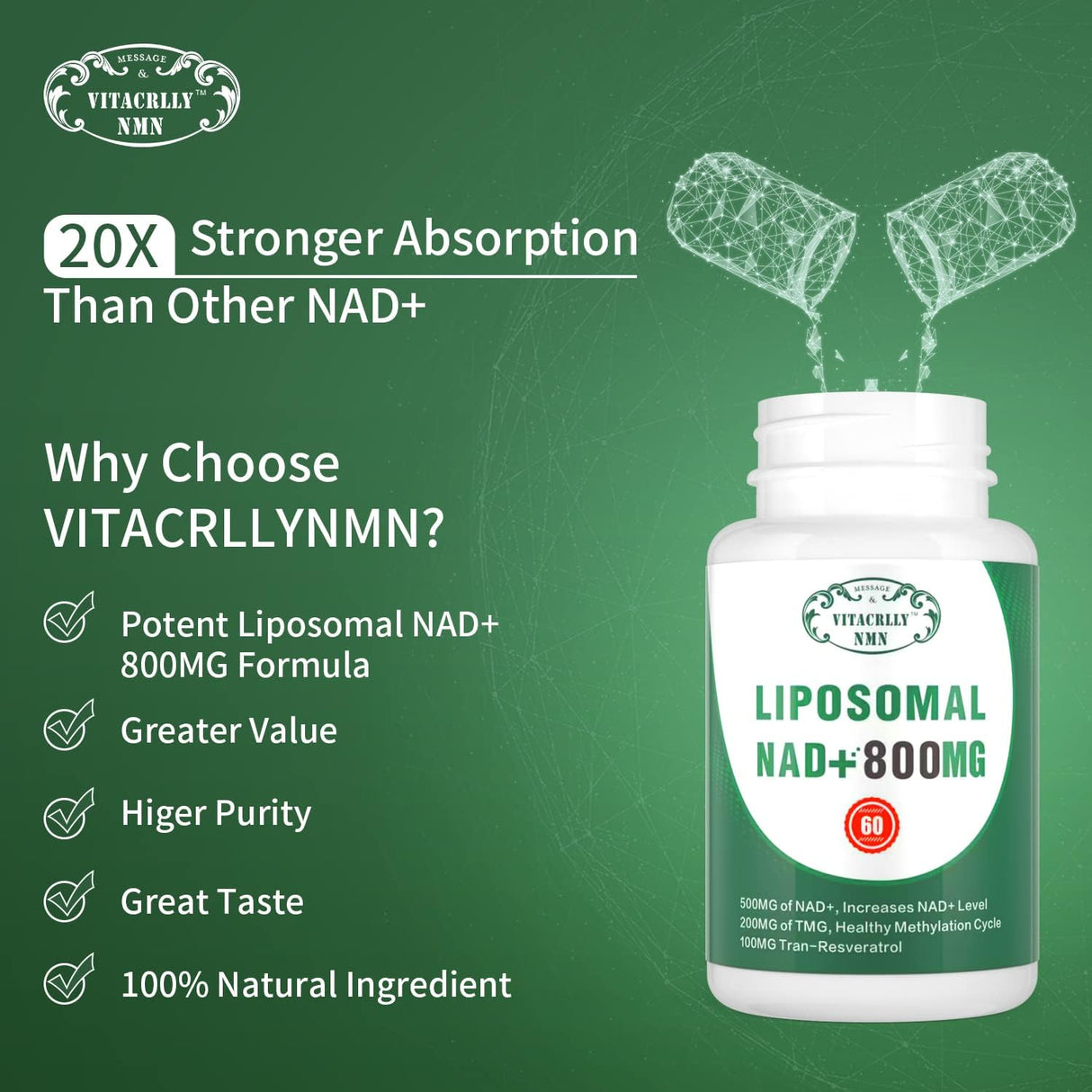 Suplemento Liposomal NAD+ Plus 800MG, Energía Celular y Antienvejecimiento
