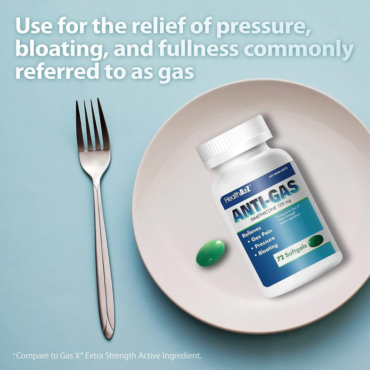 HealthA2Z® Gas Relief Simethicone, 125mg, Bloating & Gas, 72 unidades