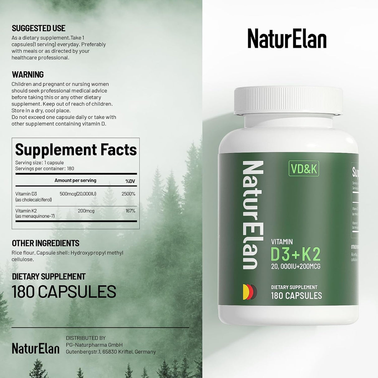 Suplemento Vitamina D3 K2 200mcg 180caps, Vegano, Sin GMO