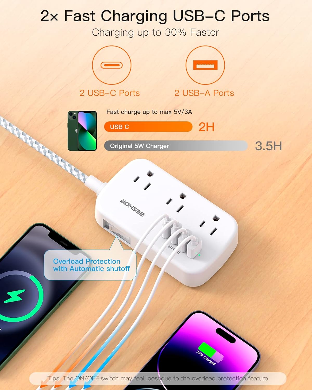 Cable de extensión plano, regleta de alimentación de enchufe