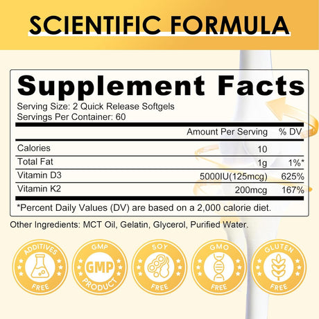 Suplemento de Vitamina D3 K2, 120 cápsulas, Natural Coconut