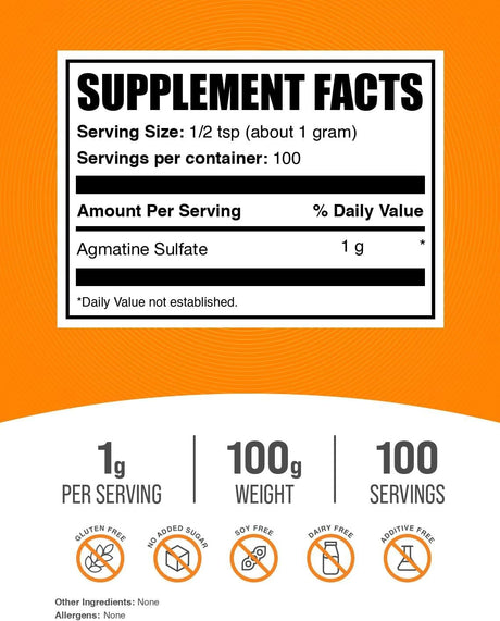 Agmatina Sulfato en Polvo de BulkSupplements, 1g por porción, 100g