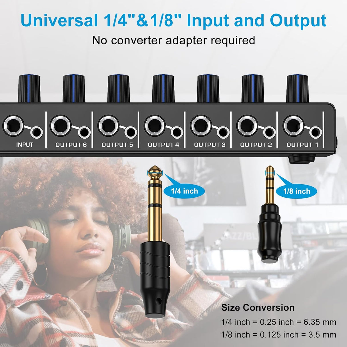 Amplificador de auriculares estéreo 6 canales con potenciador de graves