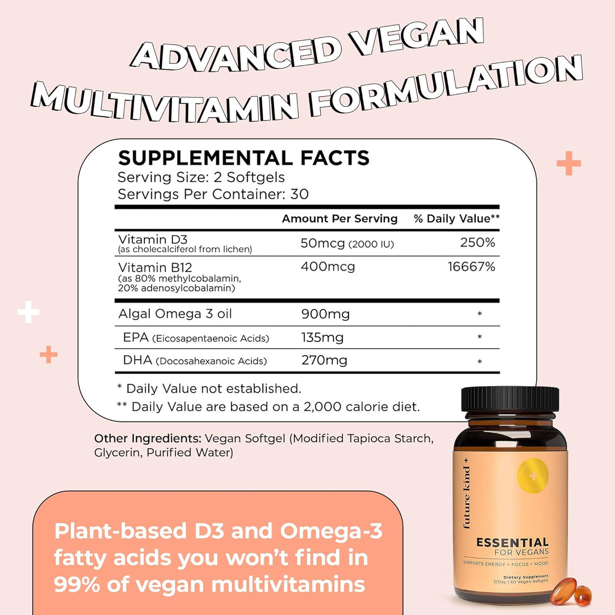 Multivitaminas Veganas Future Kind, Omega 3, B12, 60 Softgels