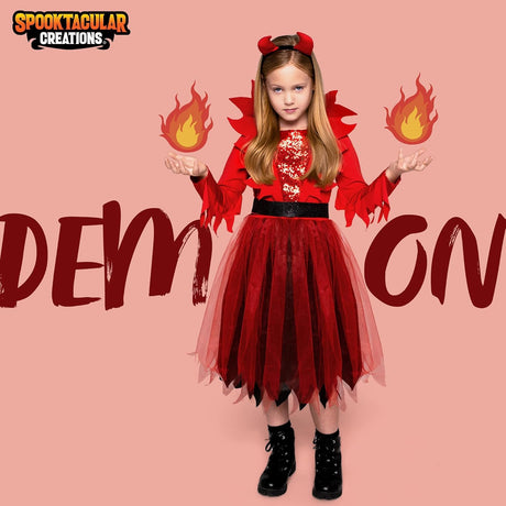 Disfraz de Diablo para Niña, Spooktacular Creations, Cuernos, Modelo 2023