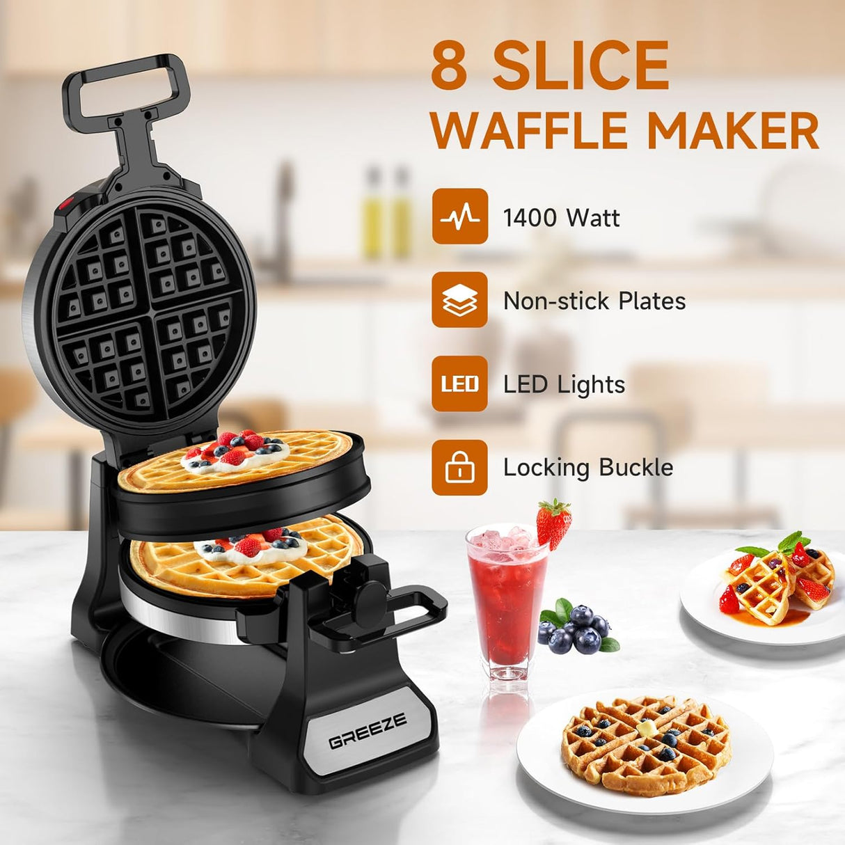 Máquina de Waffles Doble, 180° Rotativa, Placas Antiadherentes