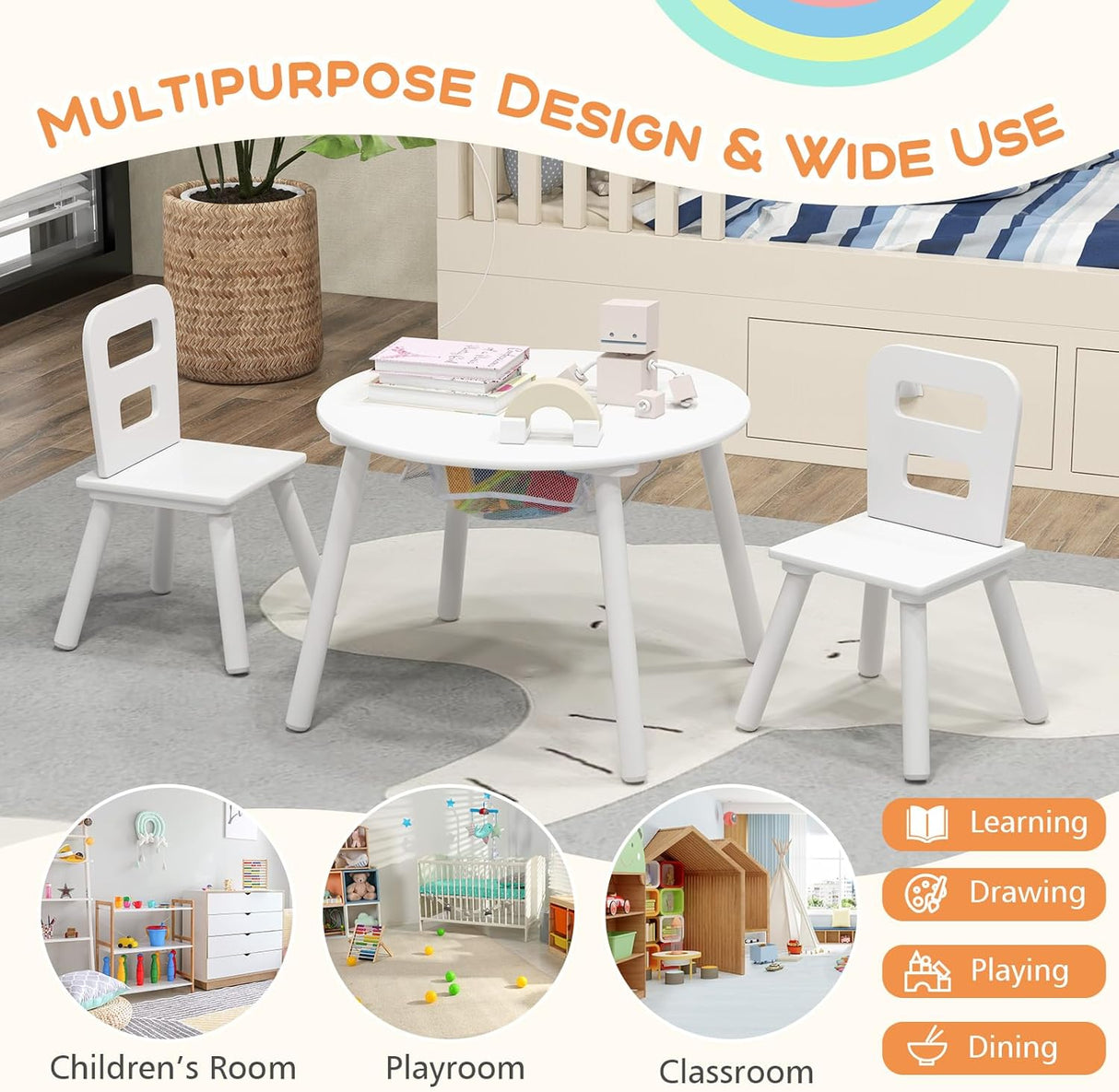 Juego de mesa y silla para niños de madera blanca