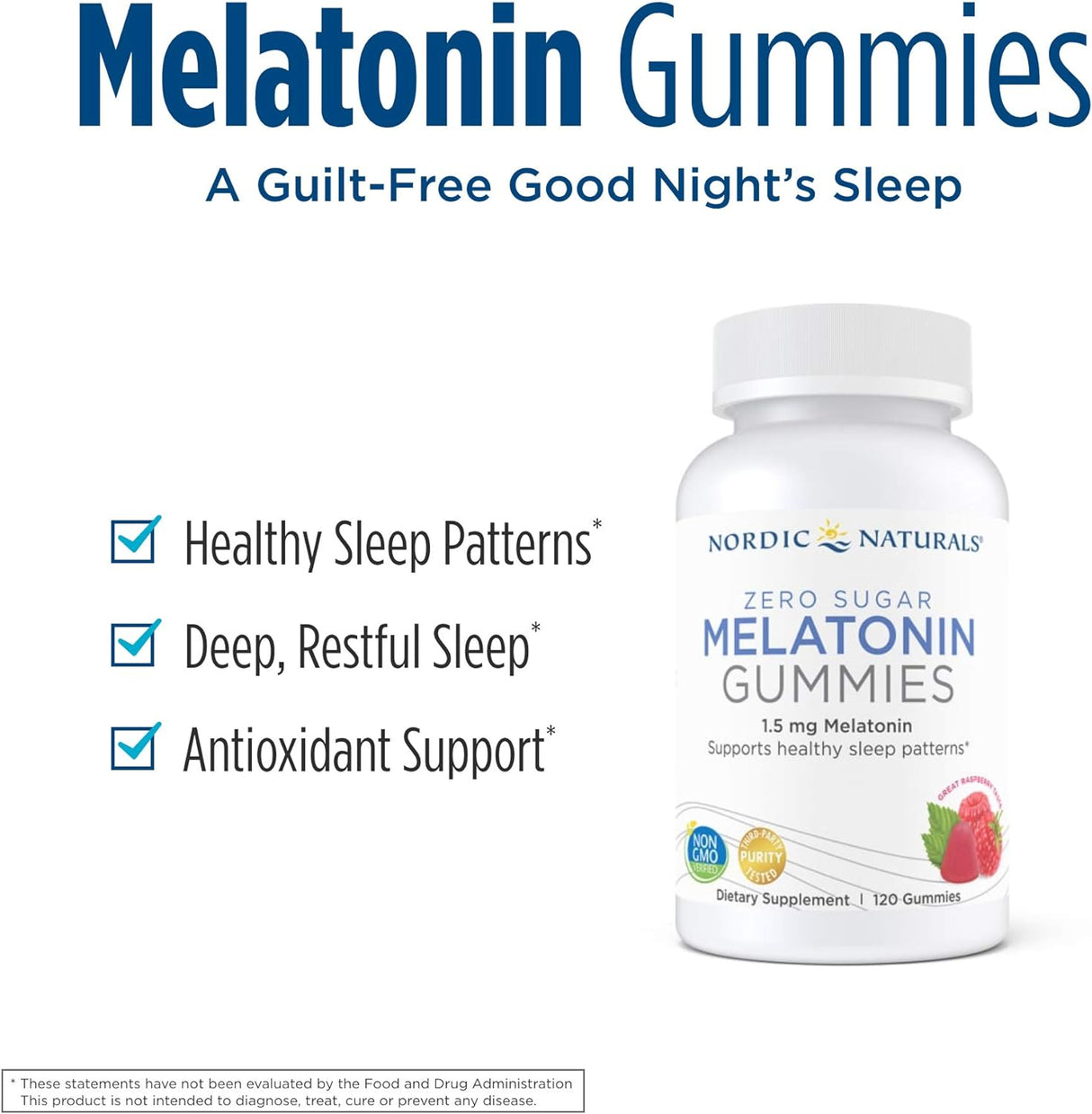 Nordic Naturals Gomitas de melatonina sin azúcar, frambuesa, 120 gomitas de 1.5 mg de melatonina, gran sabor, sueño reparador, soporte antioxidante, sin OMG, veganas, 120 porciones