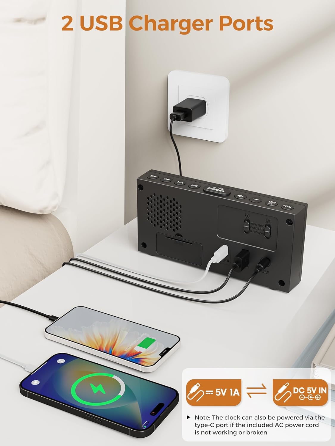 Reloj Despertador Digital para Dormir Profundo, 2 Alarmas, USB