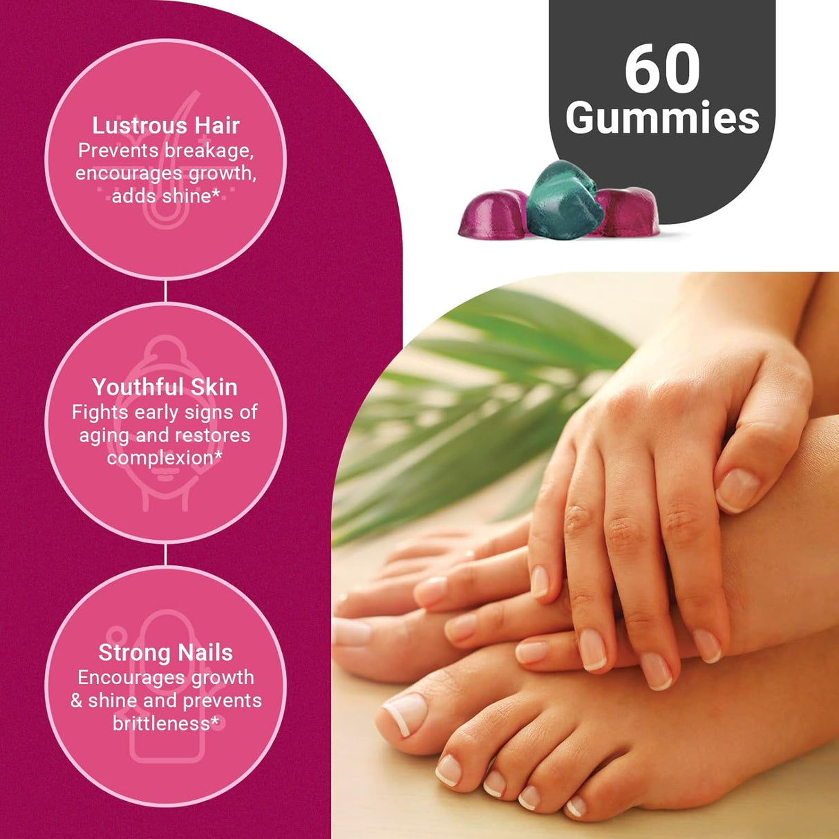 Gummies de cabello, piel y uñas, biotina extra, 60 unidades