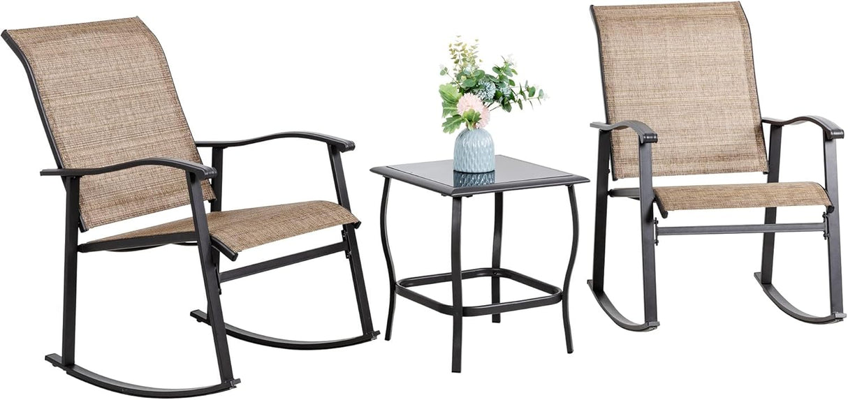 Vongrasig Juego de 3 piezas de muebles de patio pequeños de tela textileno, juego de muebles de patio pequeños, juego de conversación con mesa de vidrio para césped, jardín, balcón, junto a la piscina (marrón)