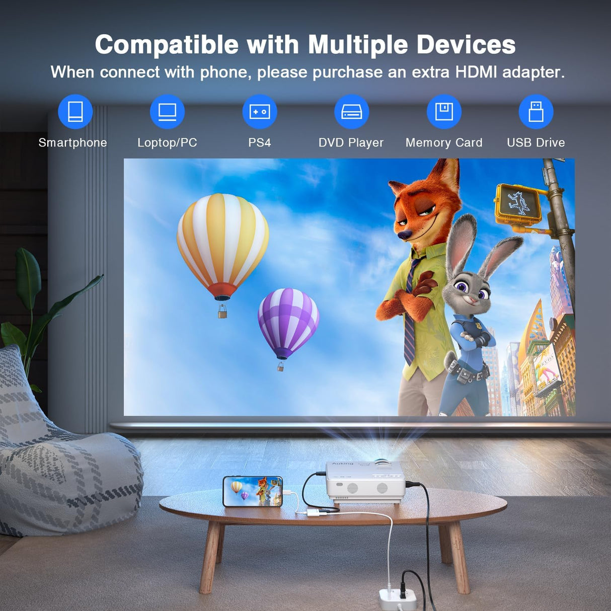 Proyector Mini AuKing Full HD 1080P, Compatible HDMI/USB