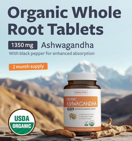 Ashwagandha Orgánica USDA, 120 Tabletas, 1350mg, Soporte Natural