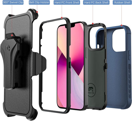 MYBAT Pro - Funda a prueba de golpes para iPhone 13 con funda de clip para cinturón y vidrio templado, 6.1 pulgadas, funda protectora contra caídas de grado militar resistente con soporte giratorio de 360°, color azul