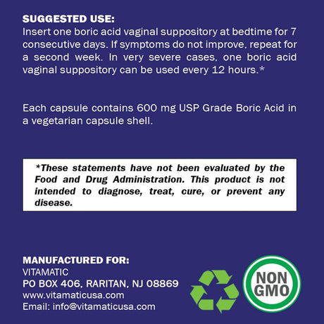 Vitamatic Supositorios vaginales de ácido bórico de 600 mg