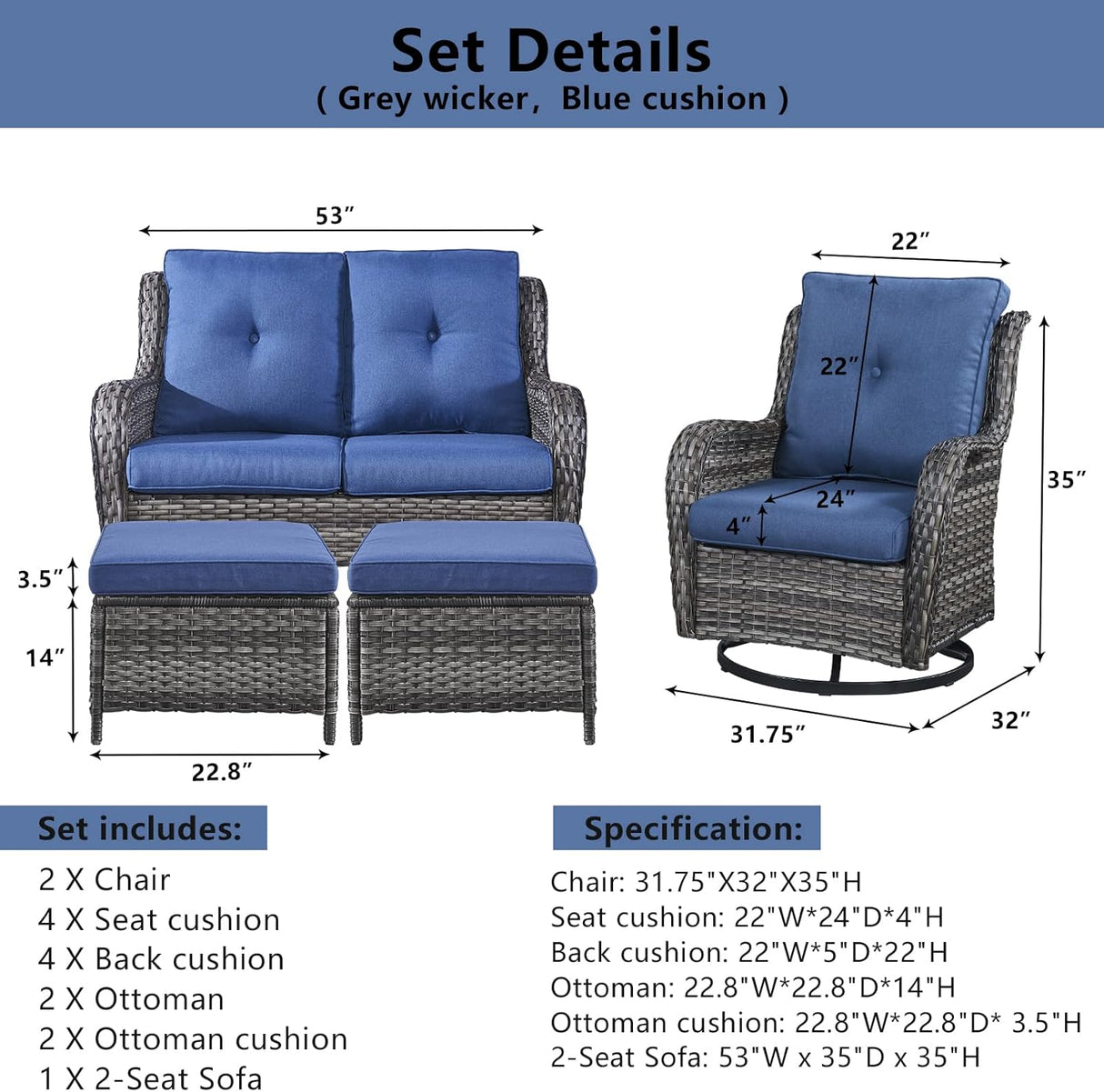 Belord Juego de muebles de patio al aire libre de 5 piezas, muebles de mimbre para conversación, sillas mecedoras giratorias para exteriores con sofá biplaza y 2 otomanas para espacios pequeños, cojín azul