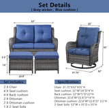 Belord Juego de muebles de patio al aire libre de 5 piezas, muebles de mimbre para conversación, sillas mecedoras giratorias para exteriores con sofá biplaza y 2 otomanas para espacios pequeños, cojín azul